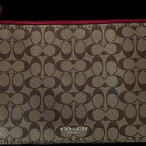 Coach Brown Monogram Wristlet with Red Trim